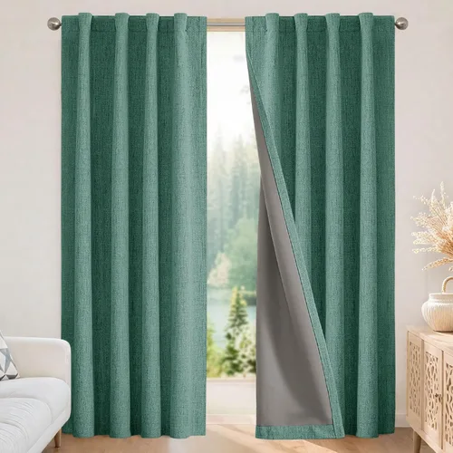 Vista 22 de Joydeco - Cortinas 100% opacas, 2 paneles de lino natural para oscurecer habitación, aislamiento térmico, trabillas traseras y bolsillo para barra