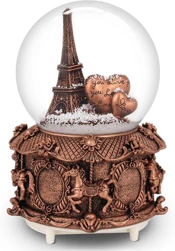 Vista 3 de Globo musical de nieve de París con luces LED que cambian de color, globo de nieve de la torre Eiffel con base Merry-go-Round de 3.937 in, colección