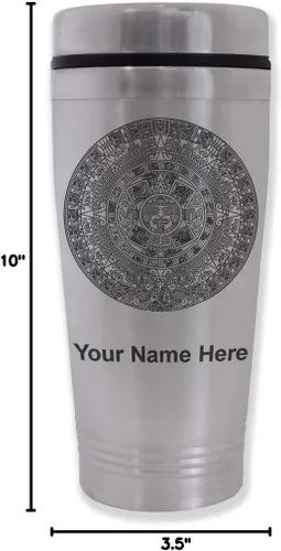 Vista 4 de LaserGram Taza de viaje de 16 onzas, calendario azteca, grabado personalizado incluido