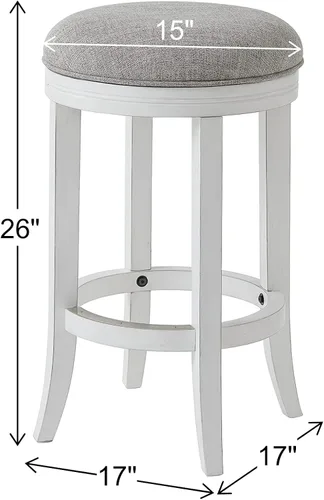 Vista 3 de NewRidge Home Goods Avery Taburete de bar de madera sin respaldo de 25 pulgadas con asiento giratorio gris tapizado, marco blanco, 25 pulgadas