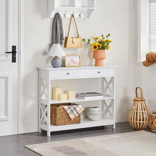Vista 2 de Yaheetech Mesa consola con cajón, mesa de entrada de 3 niveles con estantes de almacenamiento, mesa de sofá estrecha de madera para Blanco