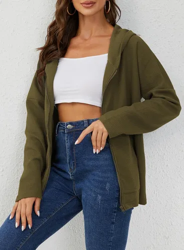 Vista 2 de Y YOLITEE Sudadera con capucha y cremallera de punto acanalado de manga larga para mujer