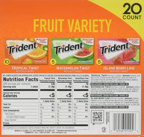Vista 2 de Trident Variedad de frutas de goma de mascar sin azúcar, total 280 palitos (20 paquetes -14 palitos)