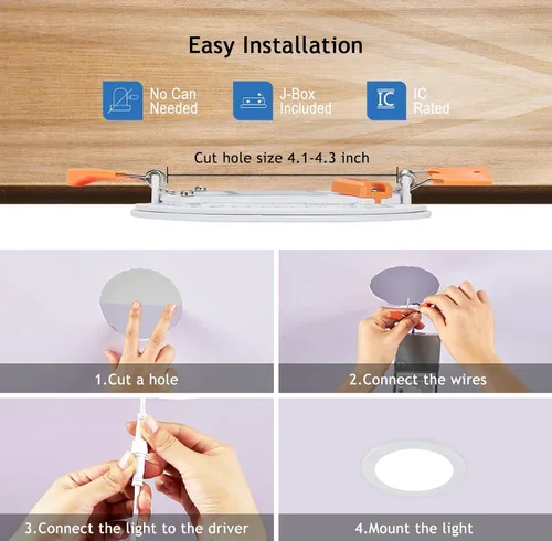 Vista 8 de CycevSun Luces empotrables LED de 4 pulgadas, sin lata, regulables y 5 CCT seleccionables, techo de oblea ultrafina, para exteriores e interiores, 9