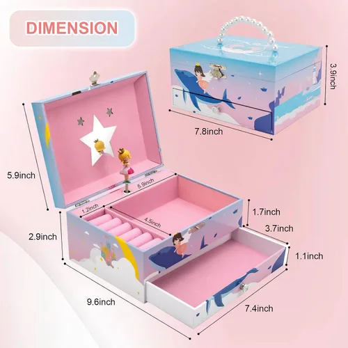 Vista 7 de HAMOPY Joyero musical para niñas con cajón y juego de joyas con princesa giratoria para regalo de cumpleaños, Navidad, caja de música de princesa