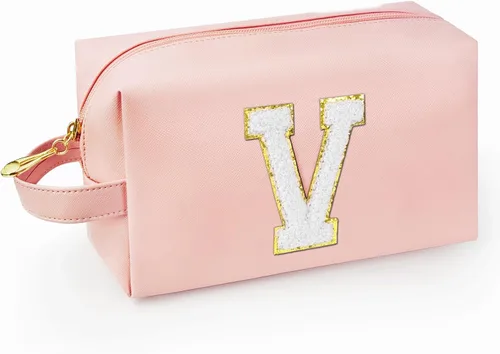 Vista 64 de Bolsa de maquillaje personalizada con inicial con asa, bolsa de cosméticos de preparación con bolsillo interior con cremallera, 8, 9, 10, 11, 12 Rosa