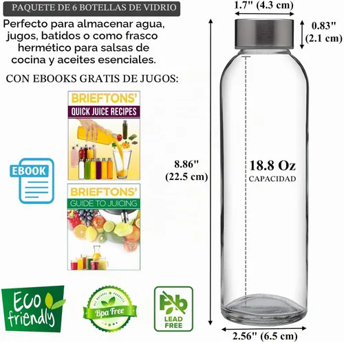 Vista 2 de Brieftons Botellas de agua de vidrio de borosilicato de 18 onzas, paquete de 6, aptas para lavavajillas, tapas de acero inoxidable a prueba