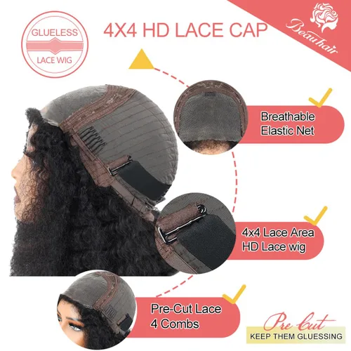 Vista 5 de Peluca negra Kinkycurly con borde 4C, cabello humano 4x4 HD encaje afro rizado cierre peluca para mujeres negras encaje precortado sin pegamento