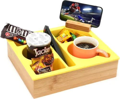 Vista 9 de Bandeja con Soporte para Tazas de Sofá, Caddy de Bambú de Silicona Hitseon con Soporte Giratoria para Teléfono para Cama y Asiento de Coche