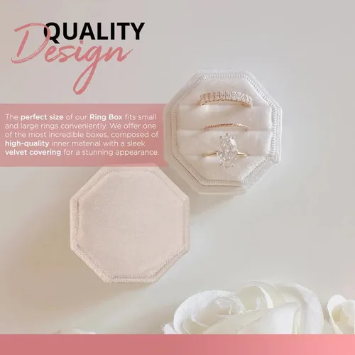 Vista 5 de Caja de terciopelo para anillos de alta calidad para ceremonia de boda con tapa desmontable, elegante y bonita caja para anillos de boda, 3 ranuras