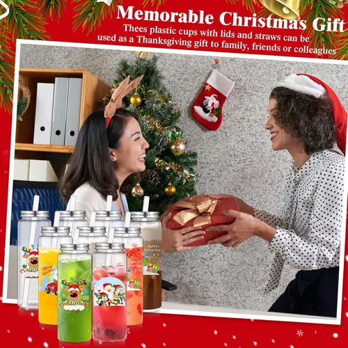 Vista 6 de Skylety 24 piezas de grandes tazas reutilizables de Navidad con tapas y popotes, 17 onzas, vasos de plástico transparente, tazas de Papá Noel