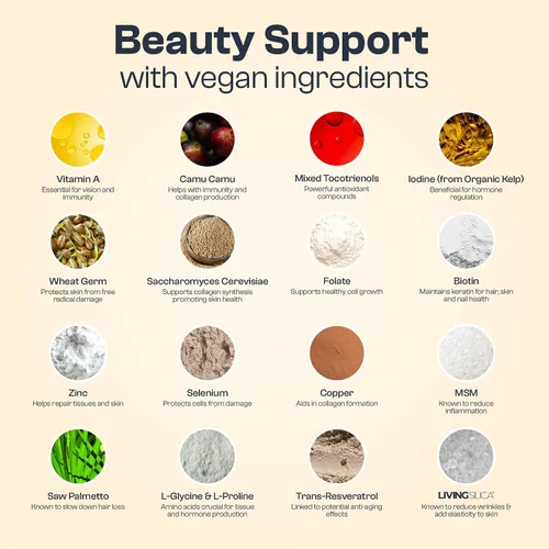 Vista 4 de My Vida Origins Cabello y uñas Cabello más grueso, uñas más fuertes, piel vibrante Apoya la belleza natural Zinc, biotina, vitamina E Vegano