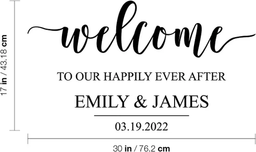 Vista 3 de Calcomanía artística de vinilo – Bienvenido a Our Happily Ever After – 17 x 30 pulgadas – Bonita y elegante felicitación de boda, novia, novio
