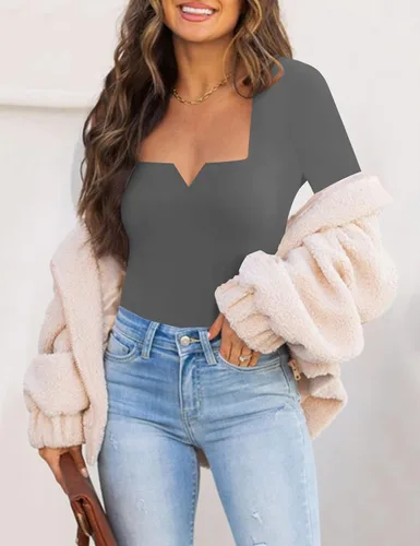 Vista 3 de Chunpin Enterizo de manga larga con cuello cuadrado y muesca, con cuello en V para mujer