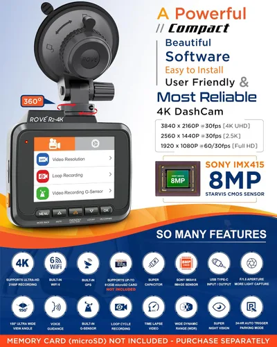 Vista 2 de ROVE R2-4K Dash Cam Grabadora de cámara con WiFi GPS para tablero de automóvil con UHD 2160P, pantalla IPS de 2.4", gran angular de 150°, WDR