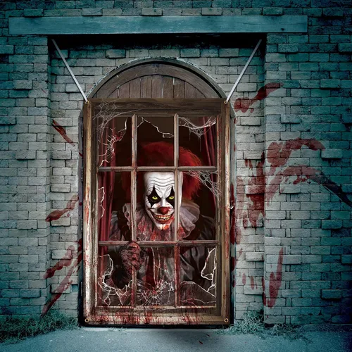 Vista 7 de Newwiee - 2 cortinas de Halloween aterradoras con silueta para ventana, decoración, póster temático para interiores y exteriores, fiestas, paredes