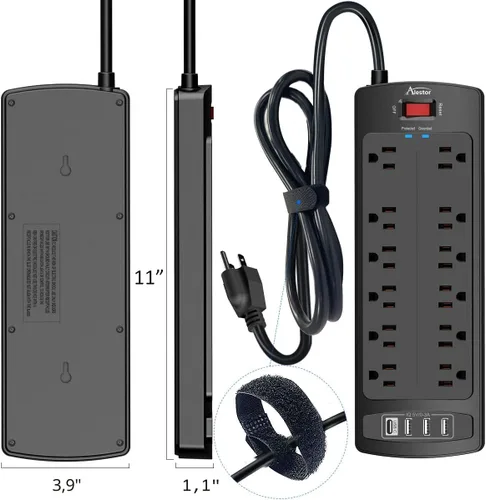 Vista 7 de ALESTOR - Regleta de enchufes con protector contra sobretensiones, 12 tomas de corriente y 4 puertos USB, cable de extensión de 6 pies