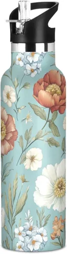 Vista 14 de Flores de otoño, tulipán, narciso, gladiolo, azul, doble pared, aisladas al vacío, botellas de agua con pajitas, a prueba de fugas, sin BPA, a