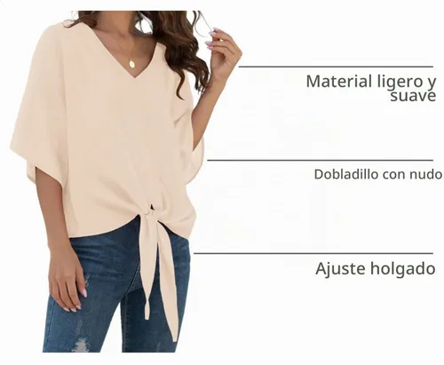 Vista 4 de VIISHOW Womens Tie Front Chiffon Blouses V Neck Batwing Short Sleeve Summer Tops Shirts Albaricoque