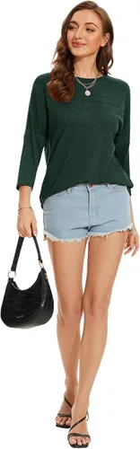Vista 140 de ZENNILO Camisetas casuales de manga 3/4 para mujer, holgadas, cuello redondo, lindas camisetas básicas