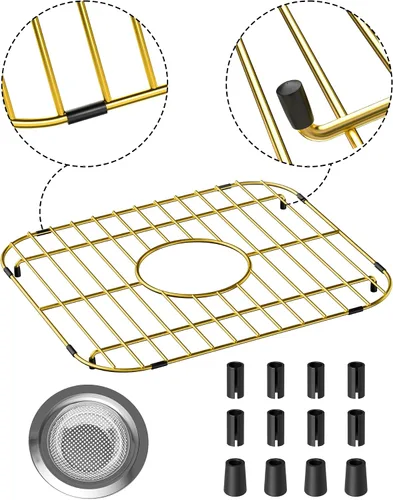 Vista 3 de Paquete de 2 rejillas de metal dorado para fregadero de cocina, 13"L X 11.6"W, protectores de fregadero de acero inoxidable con orificio de drenaje