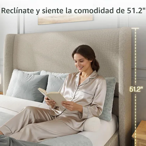 Vista 4 de Jocisland - Base de cama tamaño matrimonial, cabecero alto con respaldo Marrón