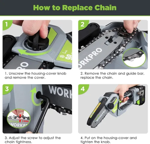 Vista 6 de WORKPRO Mini motosierra, motosierra compacta sin escobillas de 6.3 pulgadas con batería de 4.0 Ah, sierra de madera portátil de 20 V con una sola