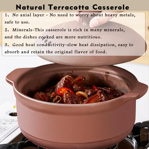 Vista 5 de Cazuela de terracota natural con tapas ollas de arcilla para cocinar, ollas de arroz de loza sin glasear (UpgradeT1-1QT)