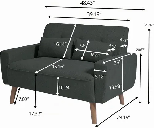 Vista 2 de Sofá de dos plazas con dos cojines, sofá estilo loveseat moderno de mediados de siglo para sala de estar, tela de lino, 48" (Negro)