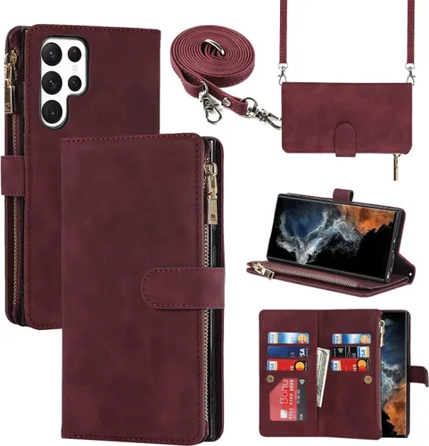 Vista 11 de Cavor Funda tipo cartera cruzada para Samsung Galaxy S22 Plus, color negro Funda de cuero con cierre magnético con cremallera y función atril TPU
