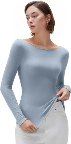 Vista 11 de SUUKSESS - Blusa de manga larga ajustada con cuello barco para mujer, de cachemira como las nubes Negro