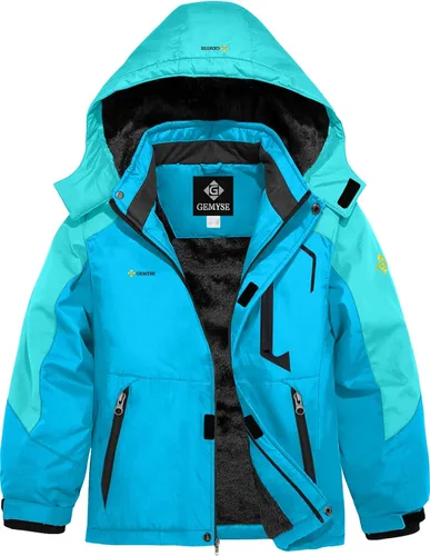 Vista 9 de GEMYSE - Chaqueta de esquí impermeable con capucha y forro polar, resistente al viento, para niño Verde Aqua