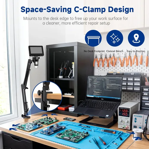 Vista 3 de 4.3 Inch Digital Soldering Microscope with C-Clamp For PCB repair and soldering checks; compact clamp setup keeps both hands free, and the screen