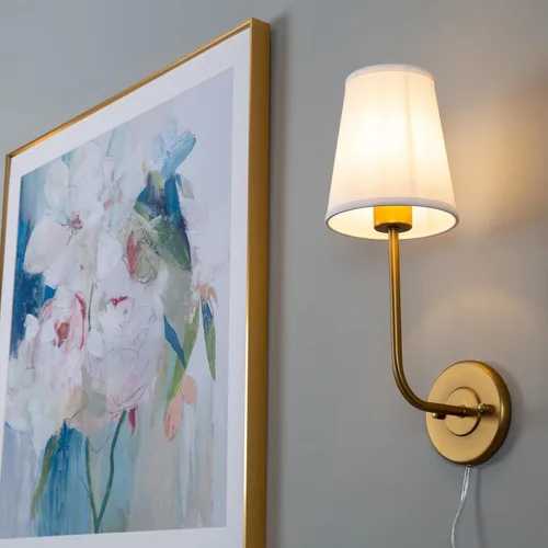 Vista 2 de Pathson Plug in Wall Sconce, Rustic Wall Light Fixture with On/Off Switch and Pure White Fabric Lampshade, Antique Brass Wall Lamp for Living Room