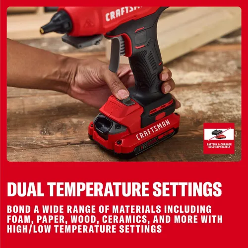 Vista 2 de CRAFTSMAN V20 Hot Glue Gun Full Size, Cordless Glue Gun and Sticks Set with LED Light, Interchangeable Nozzles and Wrench, Retractable Dip Tray