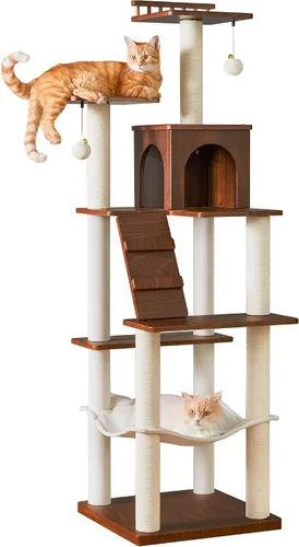 Vista 12 de Árbol para gatos moderno de 64 pulgadas, torre para gatos de interior con varios niveles, con 7 postes rascadores completamente envueltos, 2 Marrón