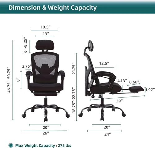Vista 3 de Silla ergonómica de oficina, silla de escritorio de malla con respaldo alto para computadora con soporte lumbar y ruedas, silla giratoria ajustable