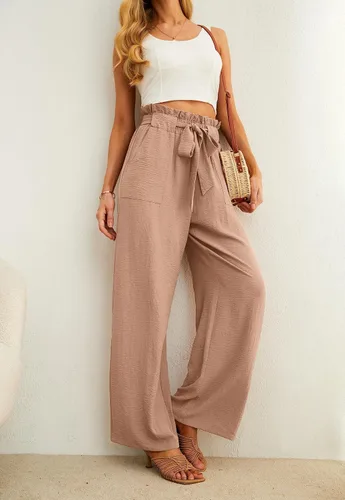 Vista 3 de IWOLLENCE - Pantalones de pierna ancha para mujer con bolsillos, cintura alta, nudo ajustable, holgados, casuales, para trabajo y negocios
