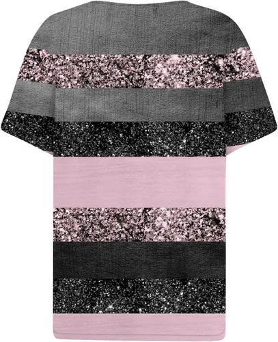 Vista 5 de Camisetas de lentejuelas para mujer, manga corta, cuello en V, para verano, casual, a la moda, con estampado brillante, blusas básicas