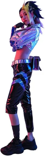 Vista 2 de miccostumes Juego completo de disfraz de cosplay de cuero para mujer con aretes y estampado bordado