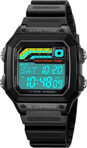 Vista 14 de PASOY Reloj de pulsera digital multifunción para hombre, con hora doble, alarma, cronómetro, cuenta regresiva, retroiluminación, resistente al agua