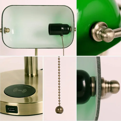 Vista 7 de FIRVRE Lámpara de Escritorio de Banco de Vidrio con Puerto de Carga Inalámbrica USB Lámpara de Escritorio LED Lámpara de Mesa con Cadena de Tirón