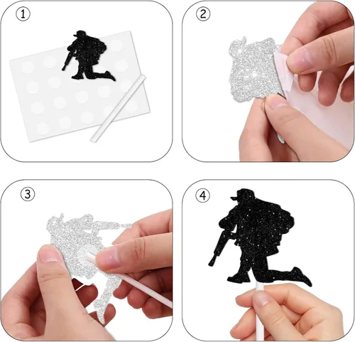 Vista 4 de 18 piezas de silueta negra con purpurina militar soldado postre decoración temática azul marino suministros de decoración para hombres y mujeres