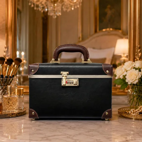 Vista 8 de urecity Estuche de maquillaje vintage de piel artificial, organizador profesional de cosméticos con cerradura de combinación de metal, caja