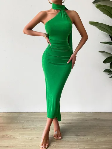 Vista 2 de OYOANGLE Vestido largo bodycon sin mangas para mujer, sin espalda, fruncido, para invitadas de boda