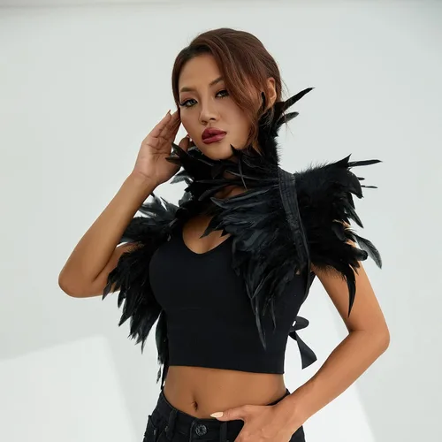 Vista 3 de TRURENDI Disfraz de capa de plumas naturales para mujer, chal gótico, cuello de encogimiento, capa de plumas para Halloween, disfraces de maléfica