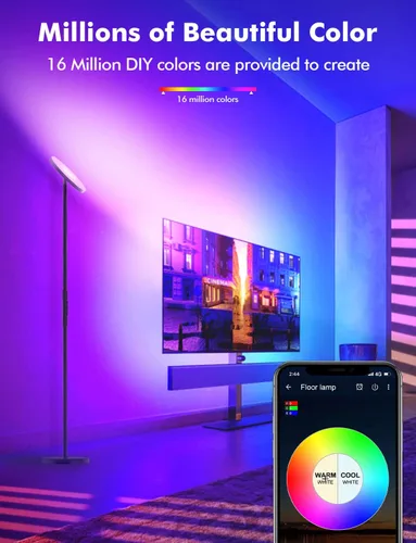 Vista 3 de YHW Lámpara de Pie LED RGB Inteligente Funciona con Alexa Google Home, Luz de Pie Alta Moderna con Control Remoto WiFi, Súper Brillante 2000LM