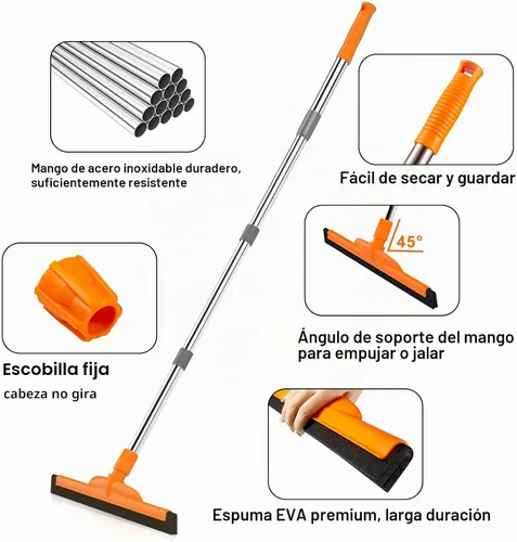 Vista 9 de Escobilla de suelo resistente, mango ajustable de 62 pulgadas, hoja de espuma EVA, ideal para hormigón, garaje, patio y más