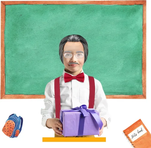 Vista 5 de Jutom Disfraz de anciano para el día 100 de escuela, 8 piezas, para niños, niños, abuelo, gafas de bastón, peluca calva, bigote y tirantes