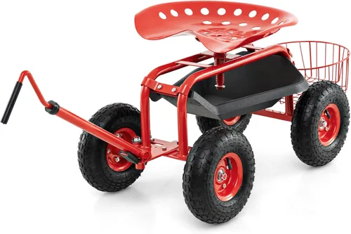 Vista 14 de Goplus Carrito de jardín rodante con asiento, taburete de jardín al aire libre con ruedas, bandeja de herramientas y cesta, mango de dirección